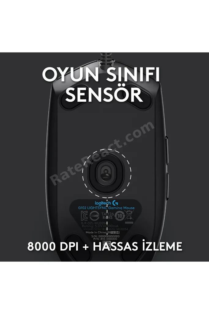 G G102 LIGHTSYNC RGB Aydınlatmalı 8000 DPI Kablolu Oyuncu Mouse, Siyah 910-005823