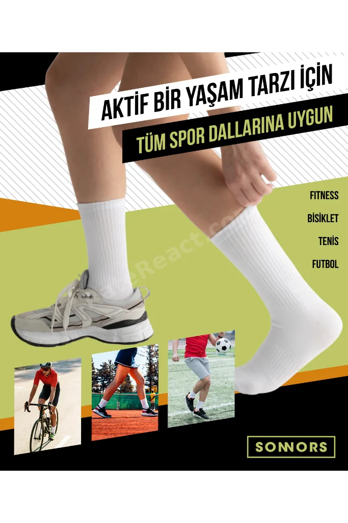 4 Çift Kadın Erkek Spor Çorap Kemer Destekli ve Kompresyon Tenis Çorabı Siyah Beyaz