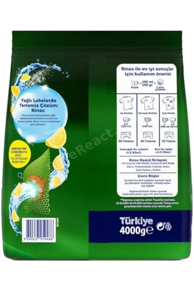 TTKTEKNOLOJİ Rinso Toz Çamaşır Deterjanı Limon ve Karbonat Renkliler ve Beyazlar İçin 4 KG TTKTEKNOL