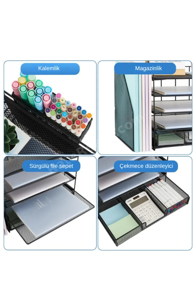 Siyah Metal Mesh 4 Katlı Masaüstü Organizer Dosyalık Çekmeceli Kalemlikli 34.5x22x30 cm 9209