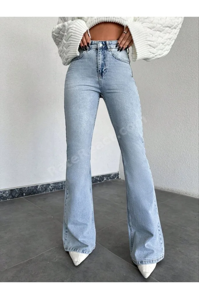 Yüksek Bel İspanyol Paça Jean Pantolon - Eskitme Detaylı Full Pamuklu Flare Denim
