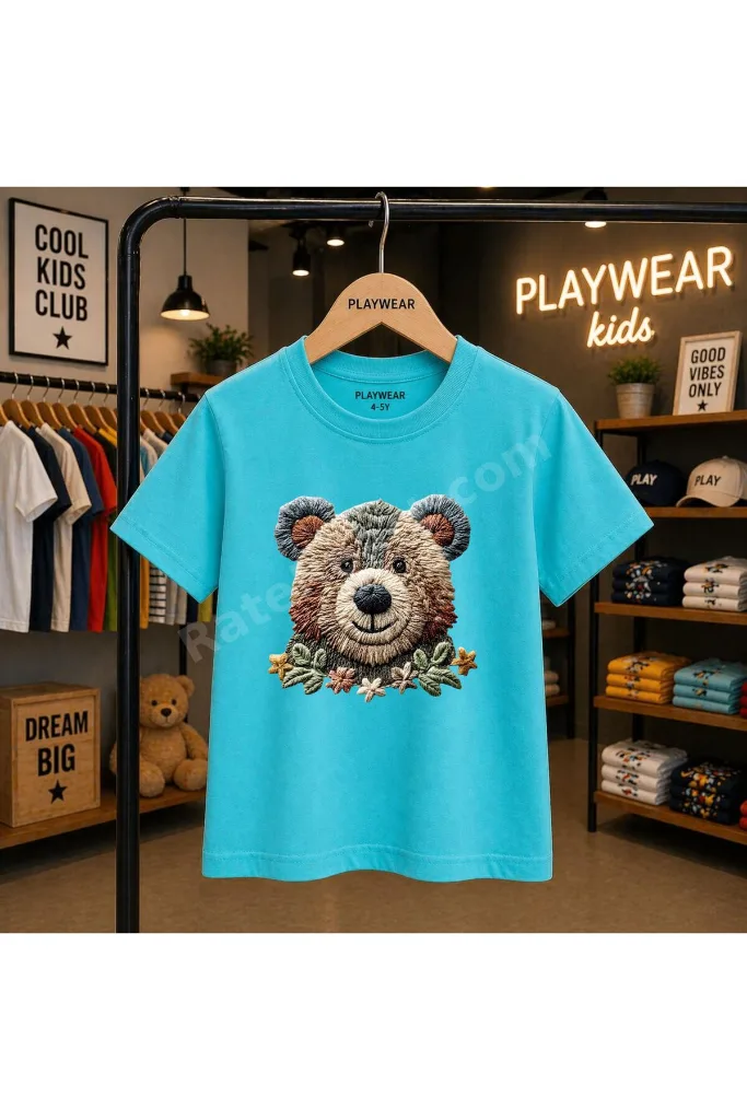 Örgü Bear Tatlı Baskılı %100 Çocuk unisex T-shirt 5 6 -7 8-9 10 -11 12 yaş