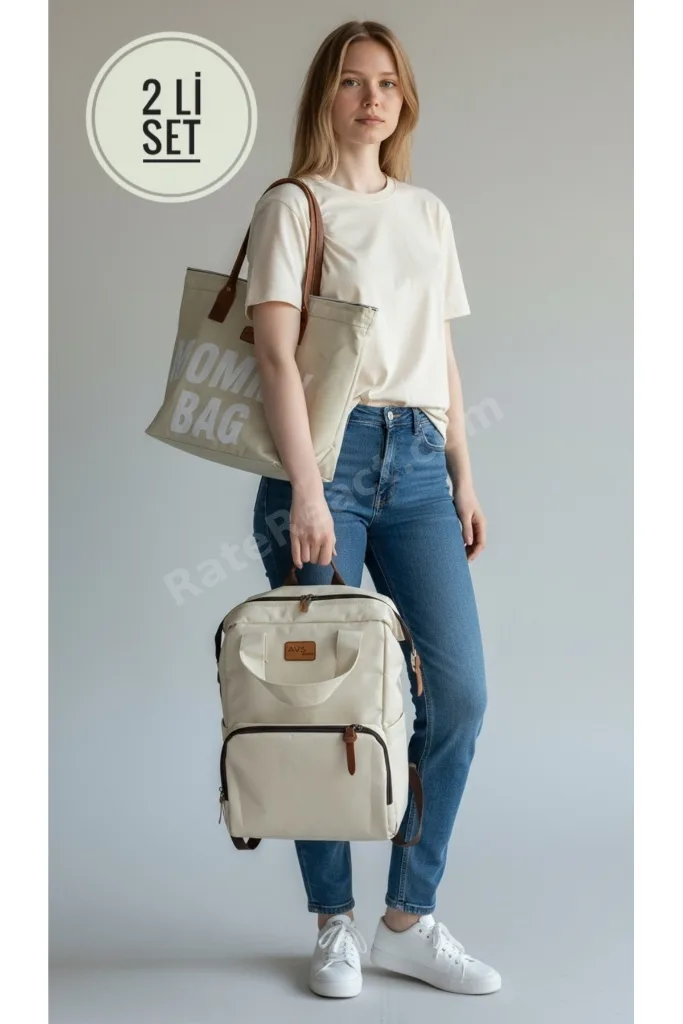 2 Li Momy Bag Anne Bebek Bakım Sırt Çantası & Anne Bebek El ve Omuz Çantası