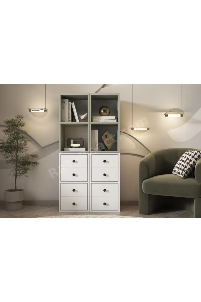 8 Çekmeceli ve 4 Bölmeli Modern Kitaplık / Çok Amaçlı Ofis ve Yaşam Ünitesi PNR-KTP-1042