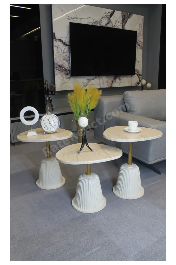 Torino Zigon Sehpa Traverten Mdf (Komple Krem - Gold) - Zigon Sehpa 3'lü