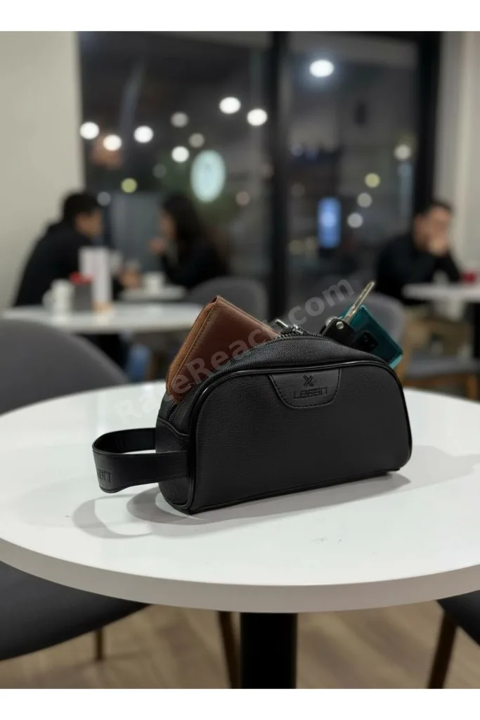 Siyah Deri Görünümlü Erkek Bakım Çantası – Seyahat Organizer Dopp Kit Tıraş ve Kozmetik Çantası 8376
