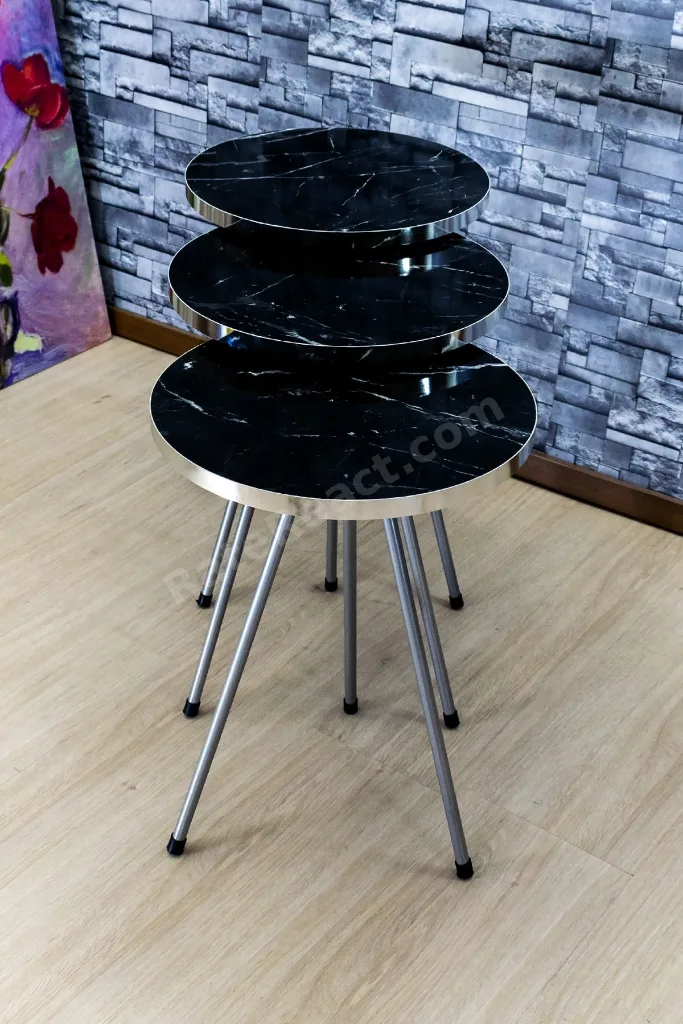 Zigon Sehpa 3'Lü Gümüş Metal Ayak Gümüş Siyah Bendir