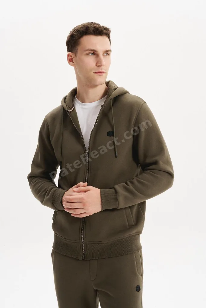 Ar-ma Erkek Tam Fermuar Sweatshirt Basic Baskisiz Kapşonlu Fleto Cepli Büyük Beden Şardonlu Üç İplik