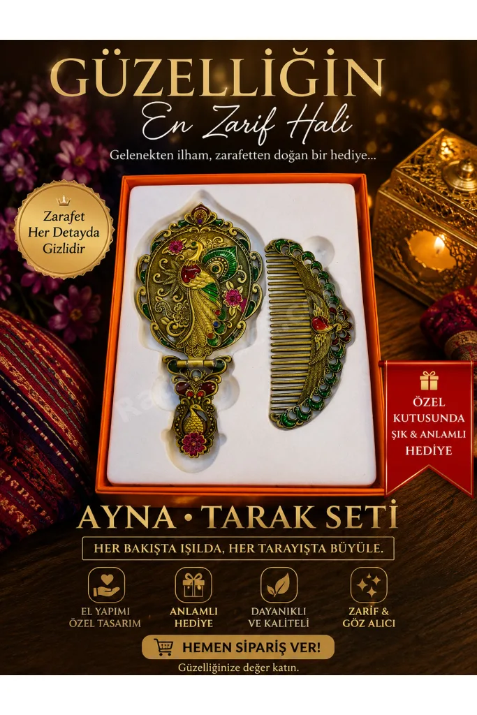 Vintage Tavus Kuşu Desenli Ayna & Tarak Seti – Dekoratif Hediyelik Kadın Bakım Seti
