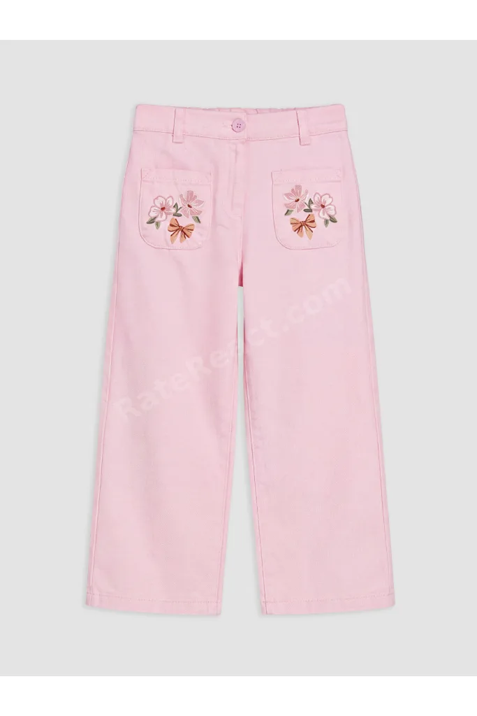 Pembe Wideleg Kız Çocuk Nakışlı Pantolon
