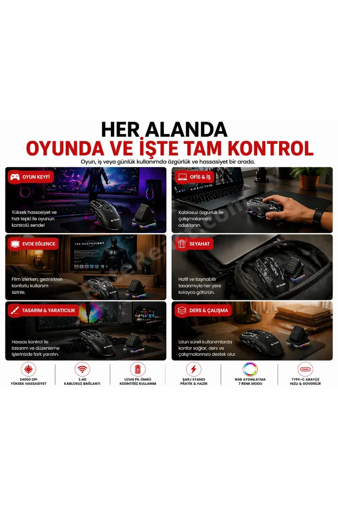 RGB Gaming Mouse 24000 DPI Kablosuz 2.4G Bluetooth Type-C Şarjlı Oyuncu Mouse Şarj Standlı
