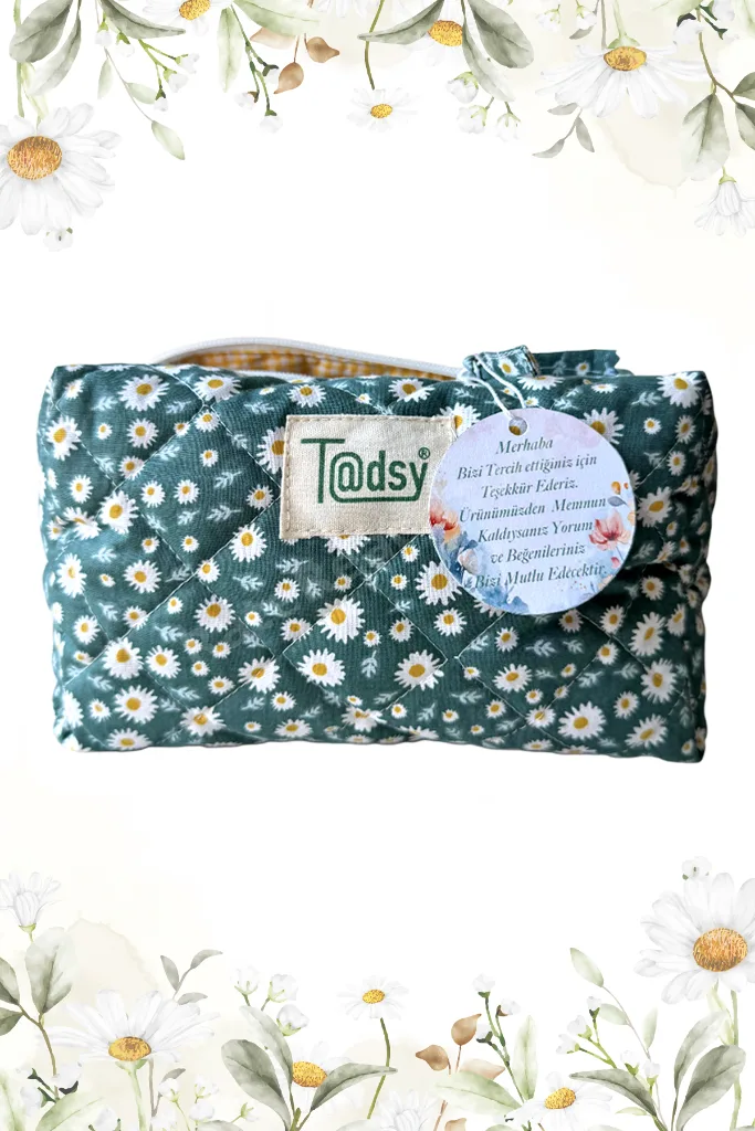Papatya Desenli %100 Pamuk Makyaj ve Kozmetik Çantası | 22x12x10 cm | Seyahat Organizer