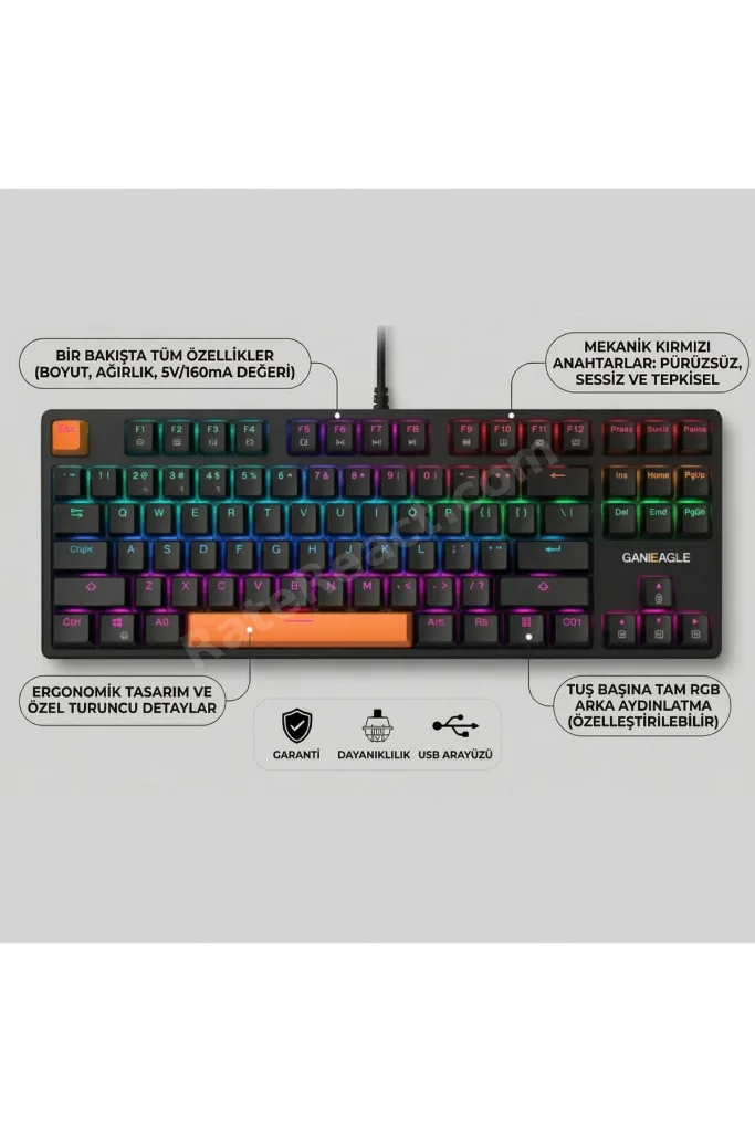 87 Tuşlu Kablolu RGB Gaming Klavye, Mekanik Hissiyatlı, Örgü Kablolu Oyuncu Klavyesi