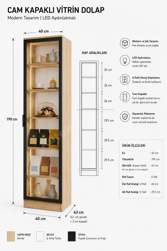 Dream Premium LED Vitrin Modülü - Safir Meşe Temperli Camlı LED Modül