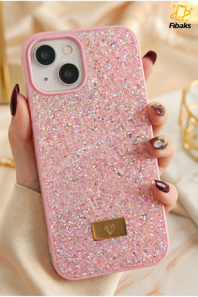 iPhone 13/14/15 Kılıf Içi Kadife Elmas Tasarımlı Pembe Taşlı Işıltılı Pırlanta Silikon