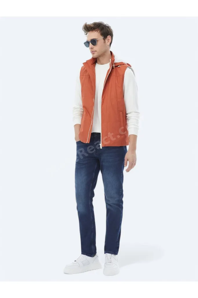Koyu Turuncu Regular Fit Kapüşonlu Casual Dokuma Spor Yelek