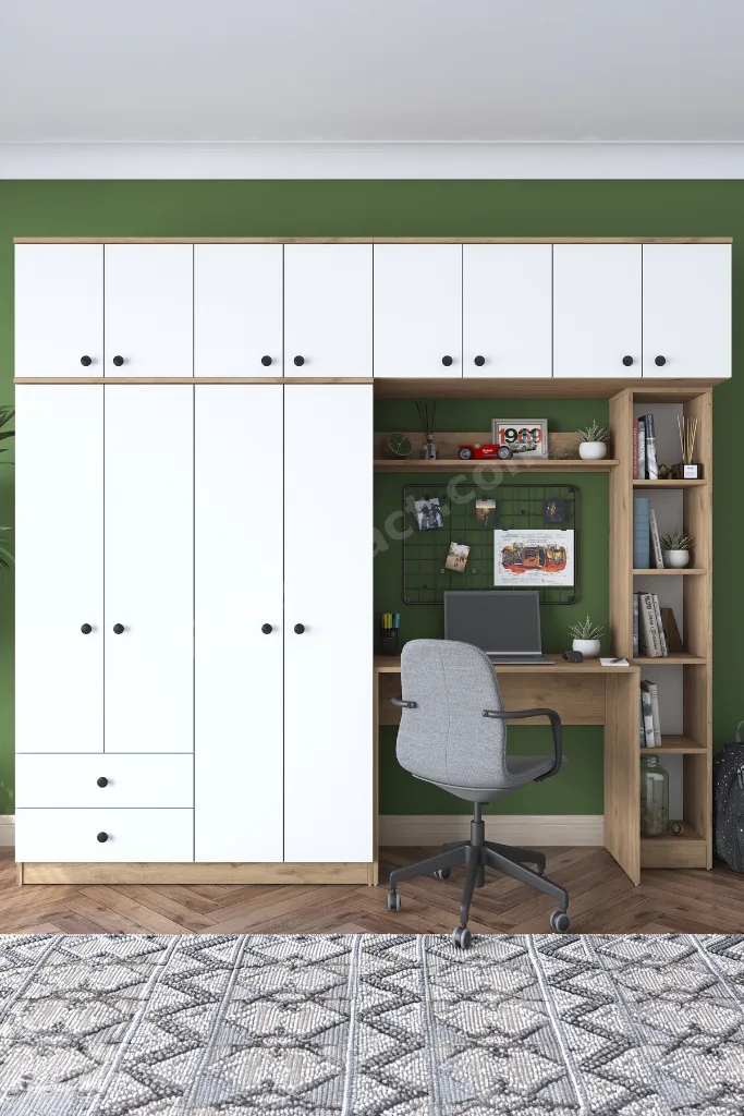 Rani Ba122 Geniş Gardırop Elbise Dolabı + Çalışma Masası + Kitaplık Sepet Ceviz - Beyaz 216 X 240 Cm