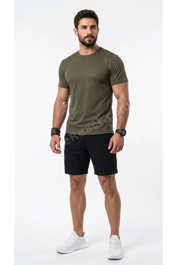 Erkek Haki Spor T-Shirt Nefes Alabilen Ter Tutmaz Çabuk Kuruyan Esnek Yapılı Hava Alan Kumaş