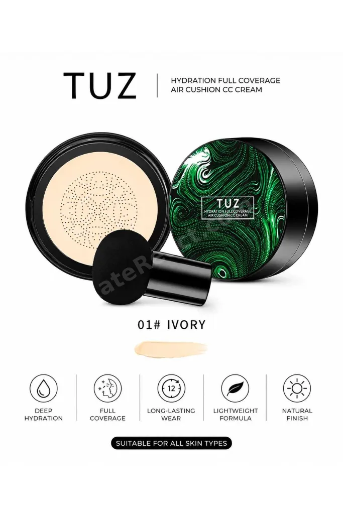 01 Acık Ten TUZ Air Cushion CC Cream Tamponlu Makyaj Fondöteni – Full Coverage Nemlendirici Cushion Fondöten