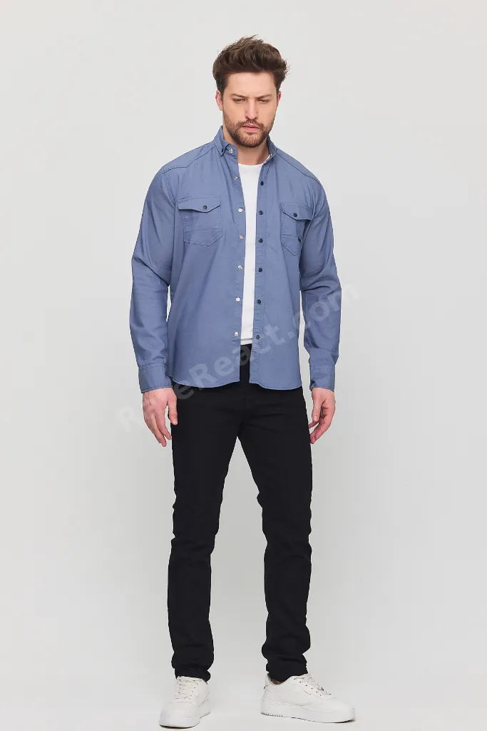 Slim Fit Erkek Kot Gömlek Mavi 5XL BEDEN 110-115 KİLO