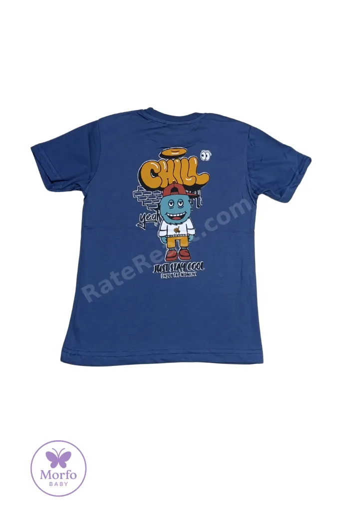 Erkek Çocuk Saks Mavi Just Stay Cool Baskılı Bisiklet Yaka T-shirt