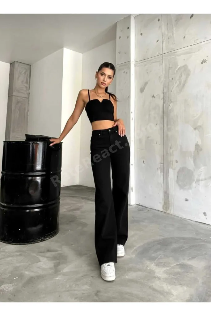Natalya Likralı Kadın Siyah Süper Yüksek Bel Salaş Paça Denim Salaş Palazzo Pantolon