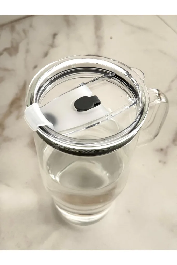 1200 ml Büyük Boy Cam Termos – Sızdırmaz Mika Kapaklı, Cam Pipetli Bardak