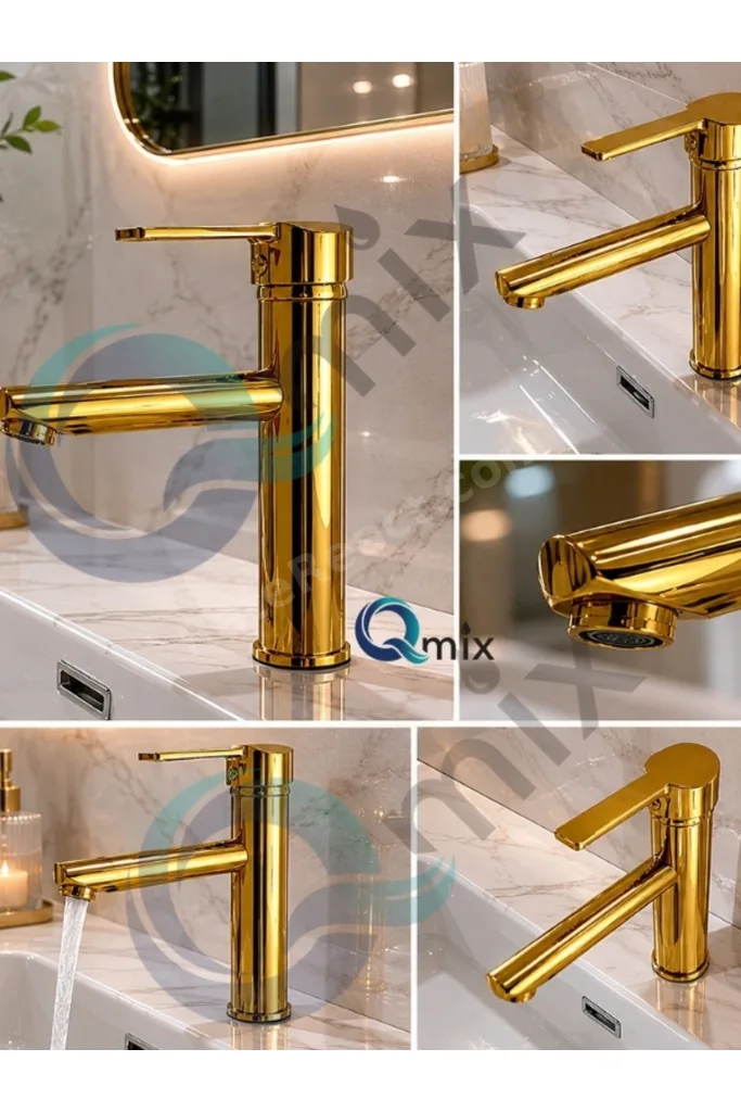 Lüks Parlak Gold Sabit Mix Aç Kapa Kısa Banyo Lavabo Bataryası – Komple Pirinç, Dayanıklı, Modern Tasarım