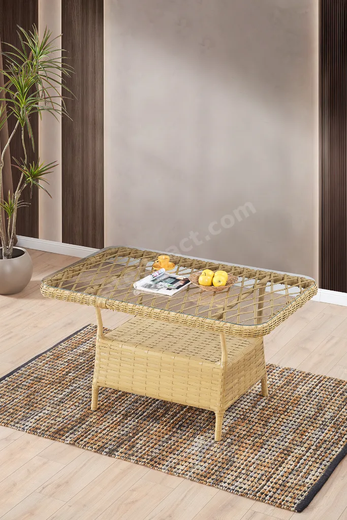 Edra Rattan Puflu Bahçe Balkon Takımı 3+1+1+Camlı Masa Cappuccino