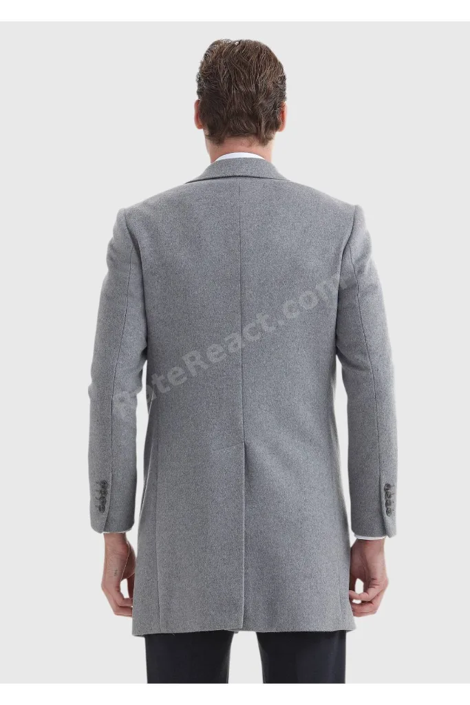 Gri Regular Fit Kelebek Yaka Klasik Dokuma Palto