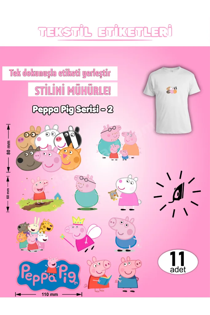 Ütü ile Yapışan Kıyafet Etiketi Peppa Pig Serisi-2 11Li Set