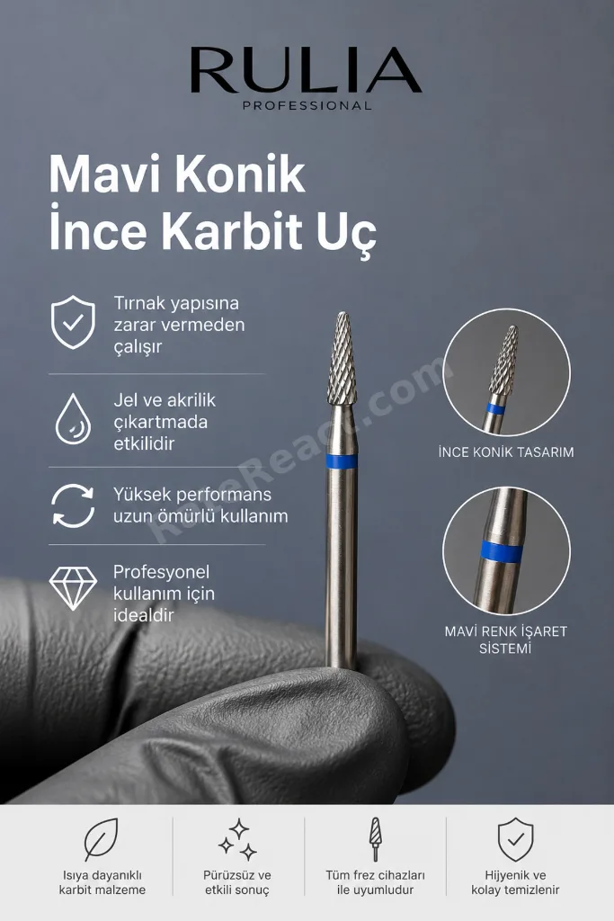 RULIA Mavi Konik Karbit Freze Ucu - 1,6 mm - Jel ve Akrilik Çıkartmada Etkili