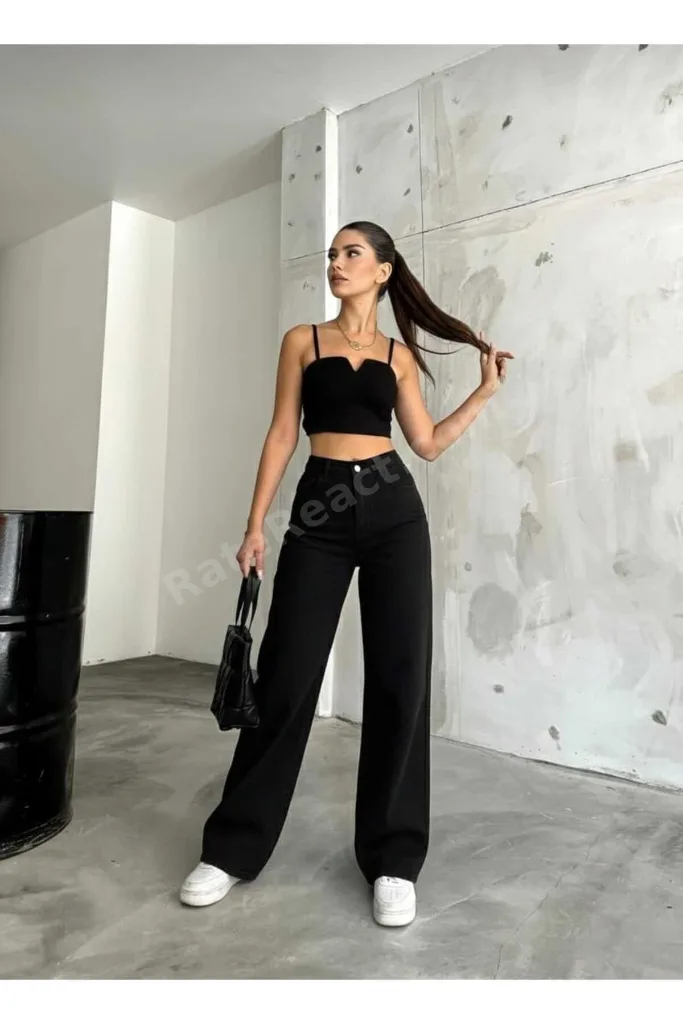 Natalya Likralı Kadın Siyah Süper Yüksek Bel Salaş Paça Denim Salaş Palazzo Pantolon