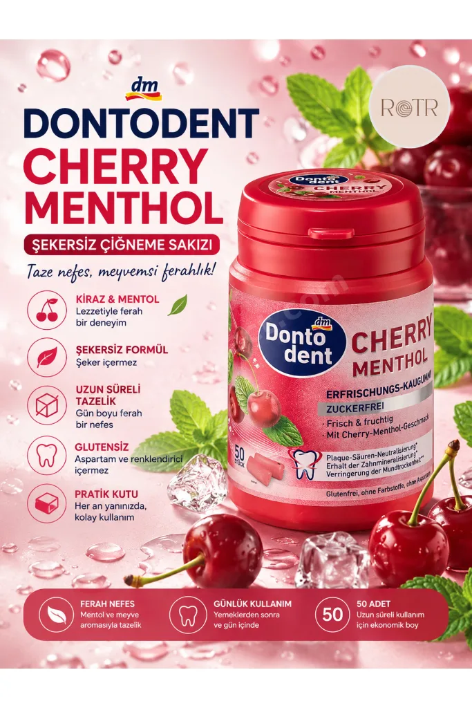 Cherry Menthol Şekersiz Çiğneme Sakızı Kiraz ve Mentol Aromalı 50 Adet