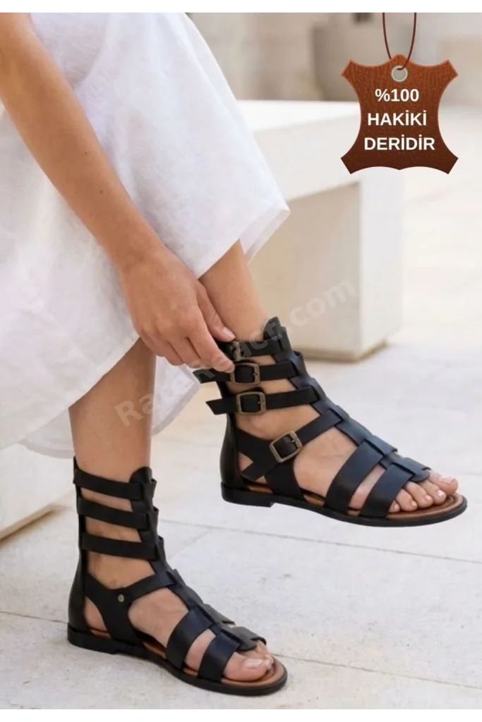 Nola Siyah Hakiki Deri Kemerli Sandalet