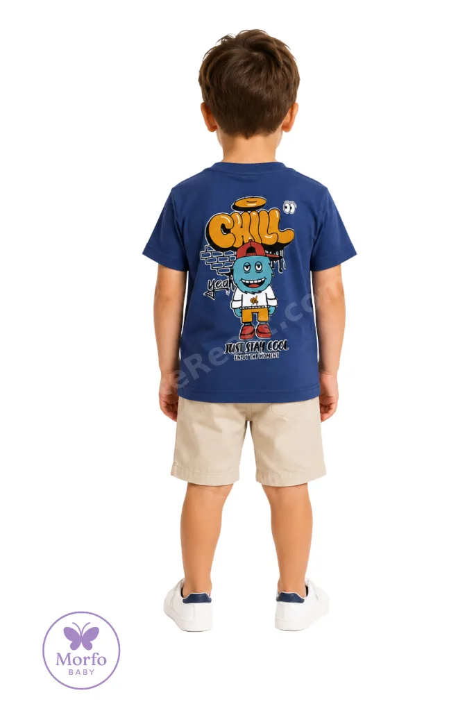 Erkek Çocuk Saks Mavi Just Stay Cool Baskılı Bisiklet Yaka T-shirt