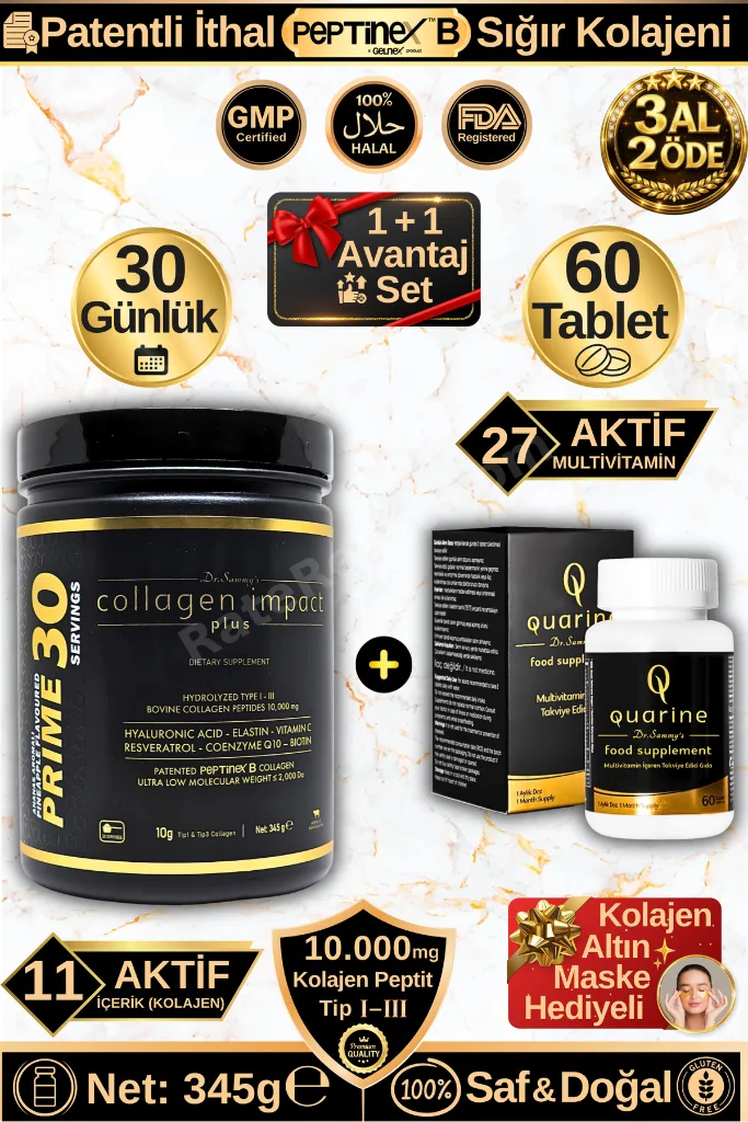 Quarine Saç Vitamini + Prime 30 Collagen Avantaj Set (1 Aylık Hidrolize Toz Kolajen + Tablet Kürü)
