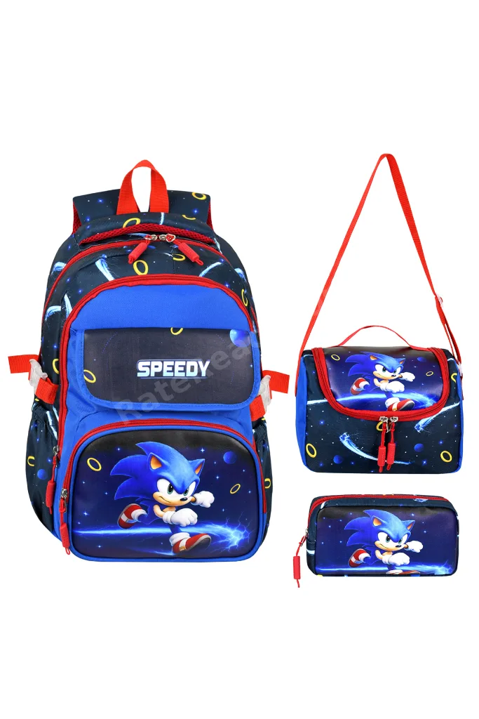Deri Baskılı Mavi Sonic Temalı İlkokul Sırt Çantası,Termal Beslenme Çantası Ve Kalemlik
