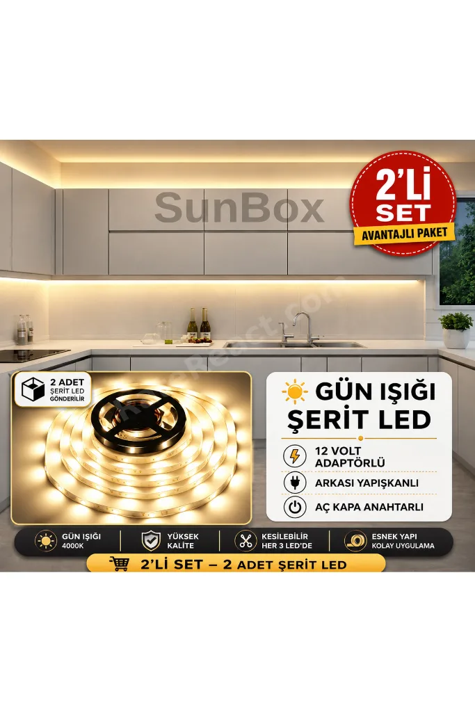 Gün Işığı Şerit Led – 2’li Set – Adaptörlü – Aç/Kapa Anahtarlı