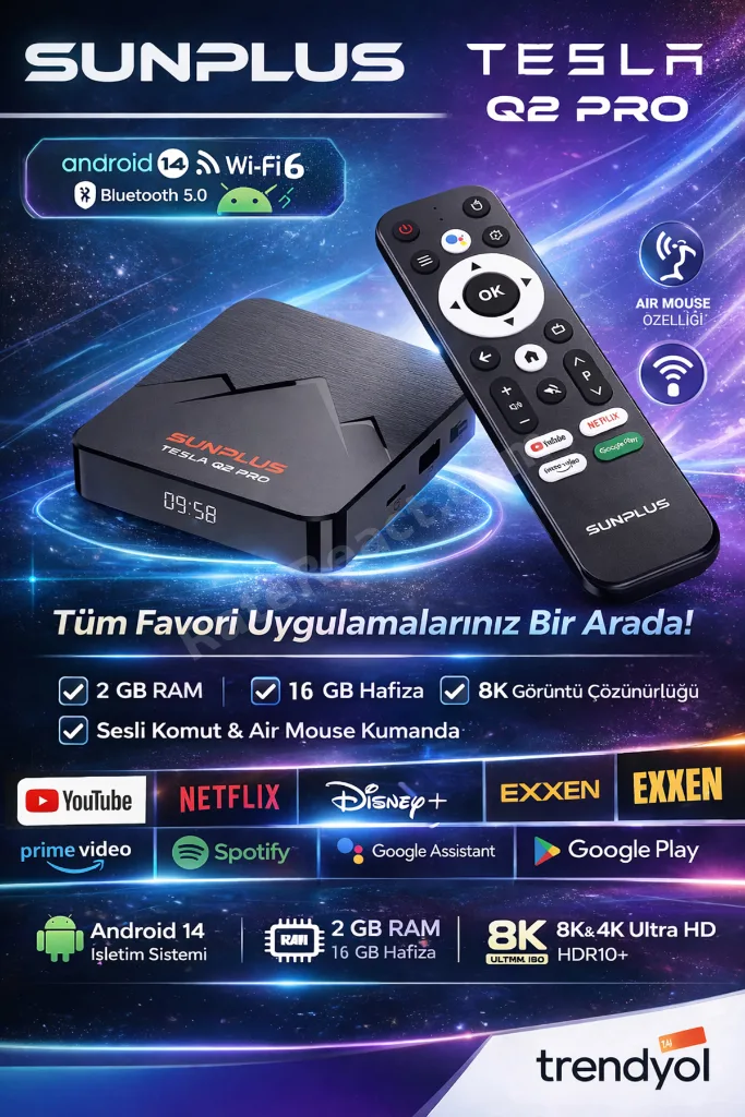| Tesla Q2 Pro | 6K Android Tv Box | 2+16G | Ses Komutlu + Bluetooth Air Kumanda