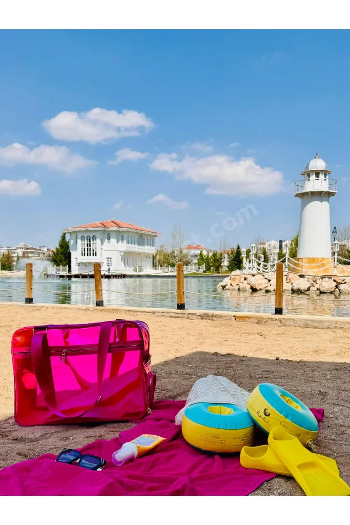 Neon Suni Deri & Renkli Şeffaf PVC Yıkanabilir Islak ve Kumlu Eşya Cebi Olan Plaj Çantası
