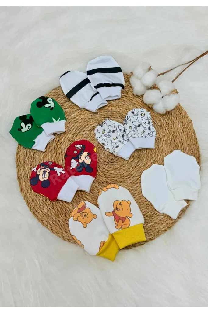 Unisex Bebek Yenidoğan Penye Organik Pamuklu Bebek Eldiveni 6 Çift Set - Mix