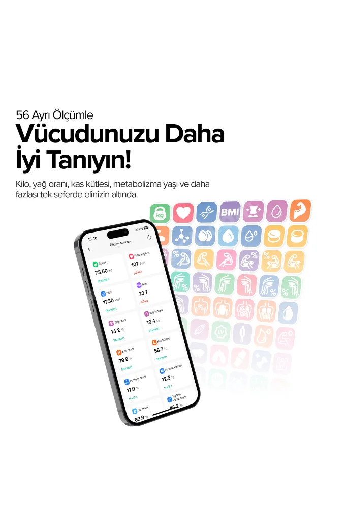 BS7230 8 Elektrotlu Akıllı Tartı – Kompakt Tasarım, LED Ekran, 56 Vücut Ölçümü, Bluetooth 5.0