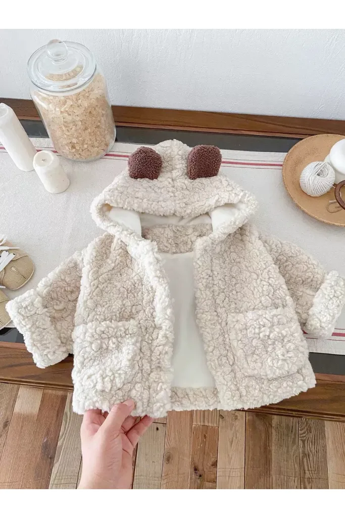 Bebek Ayı Kulaklı Kışlık Kalın pamuklu Kapşonlu Kaban Mont