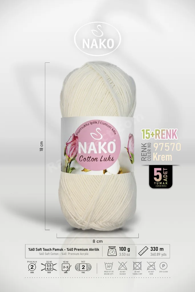 Cotton Lüks - 97570 Krem - 5'li Paket - 100gr/330m - Pamuklu Hırka Yelek Amigurumi İpi