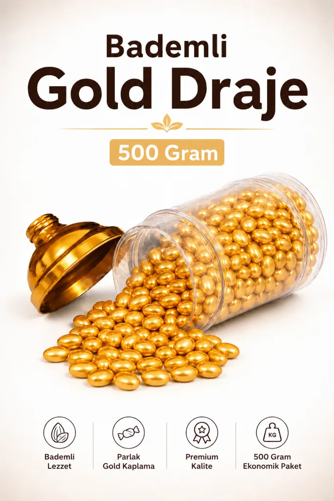 (500 GR) 1. Sınıf Premium Kalite Gold Altın Bademli Draje Nişan Düğün Özel Hediyelik Tatlı Atıştırmalık