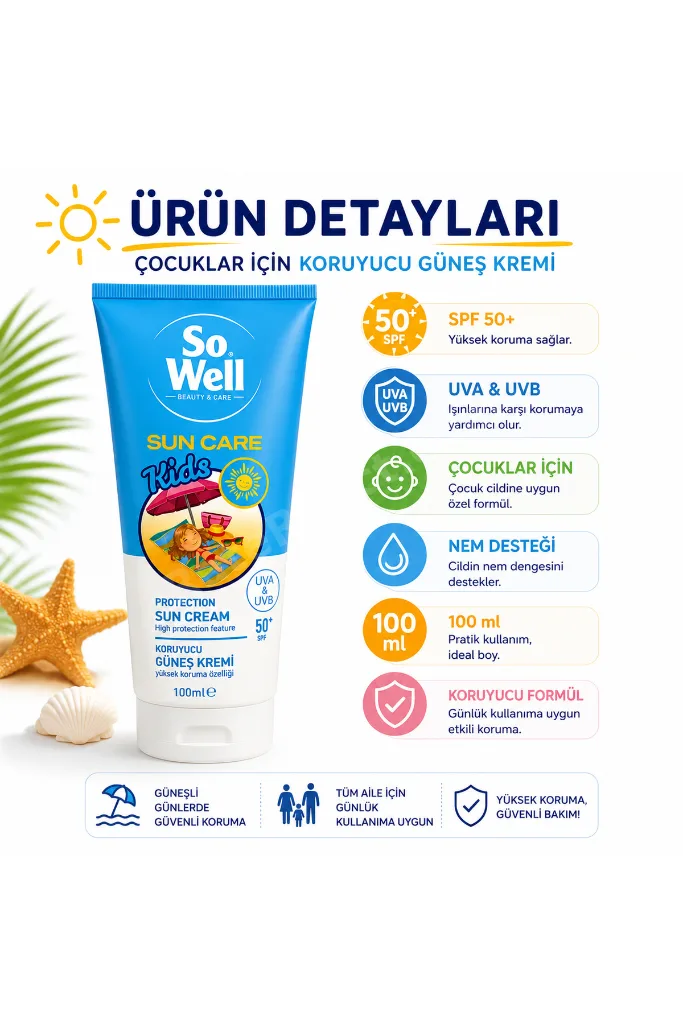 Sun Care Kids SPF 50+ Çocuk Güneş Kremi UVA & UVB Korumaya Yardımcı 100 ml