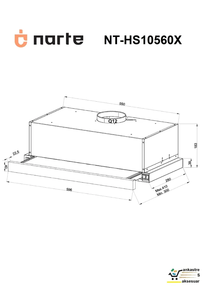 HS10560 Sürgülü Aspiratör 60cm 300m³ 41dB(A) Bacalı Opsiyonel Bacasız Çekmeli Ankastre