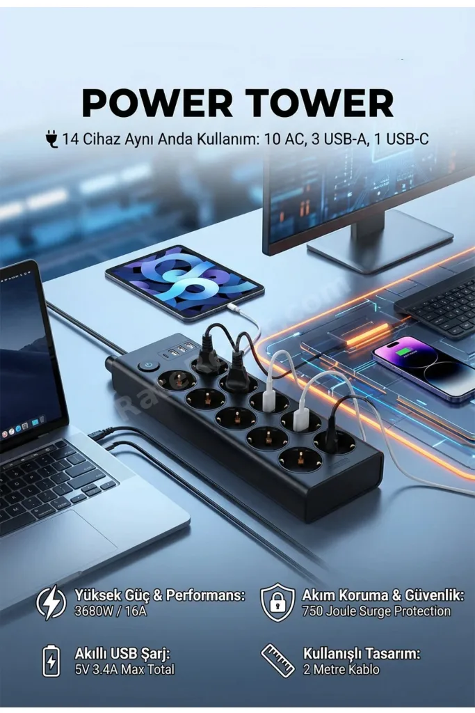 10'lu 2MT Uzatma Kablolu Çoklu Priz Akım Korumalı Grup Uzatma Priz 3X USB 1X Type-C Çıkışlı Priz