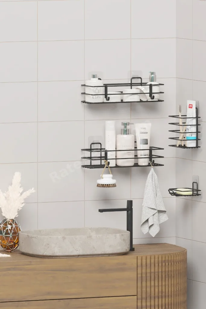 Yapışkanlı Banyo Seti Duş Rafı + Sabunluk + Diş Fırçalık Metal Set